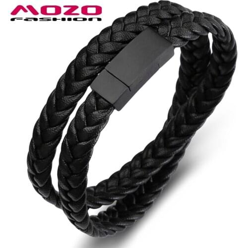 Fashion Men Charm Bracelets Multilayer Weaving Leather Stainless Steel Magnet Buckle Simple Bangles