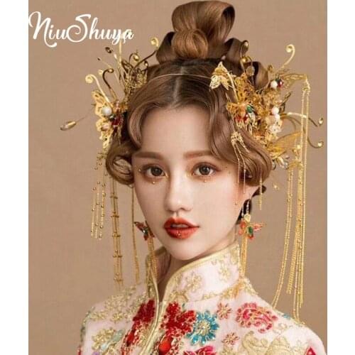NiuShuya Chinese Traditional Gold Bridal Headdress Beaded Ancient Butterfly HairbandLong Tassel Wedding Jewelry Hair Accessories