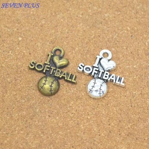 Newest Style 50 Pieces/Lot 20mm*19mm Antique Bronze Or Antique Silver Plated Sports Charms I Love Softball Charm For Jewelry