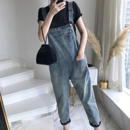 Casual Women Pockets Loose Suspender Denim Overall Dungarees Ninth Trousers