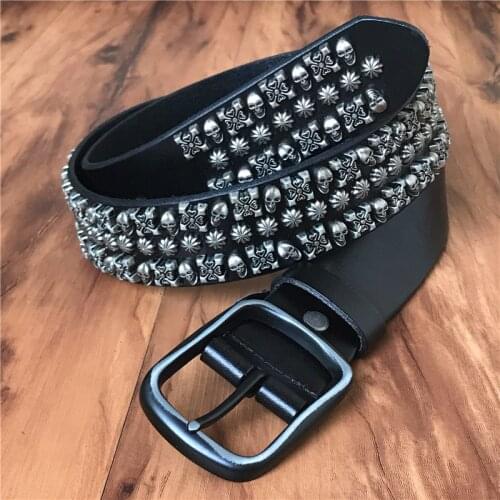 Heavy Metal Rivet Cowboy Punk Belt Genuine Leather Skull Jeans Belts For Men Vintage Strap Ceinture Homme Male Strap MBT0517
