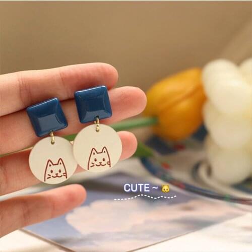 Silver Needle Simple Wind Cute Cat Klein Blue Geometric Stud Earrings Korean Dongdaemun Temperament Earrings Ear Clip Female