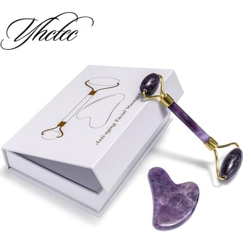 Amethyst Gouache Scraper Gua Sha Massage Tool Jade Roller Face Massager Lifting Anti-Wrinkle Beauty Skin Care Gouache Stone Set