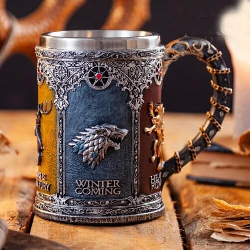 2021 New Creative Wine Glass Ice and Fire Mug Embossed Beer Mug Large Capacity Whiskey Cup Wolf Head Winter Coming Cup