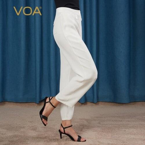 VOA Silk 30m/m White Heavy Silk Xie Cha Pocket Natural Waist Crisp Skin-Friendly Anti-Wrinkle Straight-Leg Pants for Women KE33