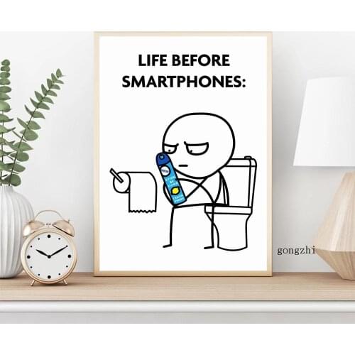 Life Before Smartphones Funny Bathroom Poster Black White Line Canvas Painting Prints Roll Paper Wall Art Pictures Toilet Decor