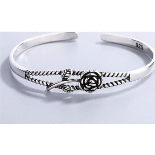 Sole Memory Thai Silver Rose Flower Retro 925 Sterling Silver Female Resizable Bracelets SBR299