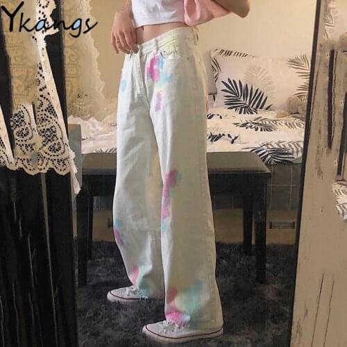 Womens Plus Size Tie Dye Rainbow Harajuku Baggy Denim Pants Loose Streetwear High Waist Jeans Casual Hip Hop Oversize Pants New