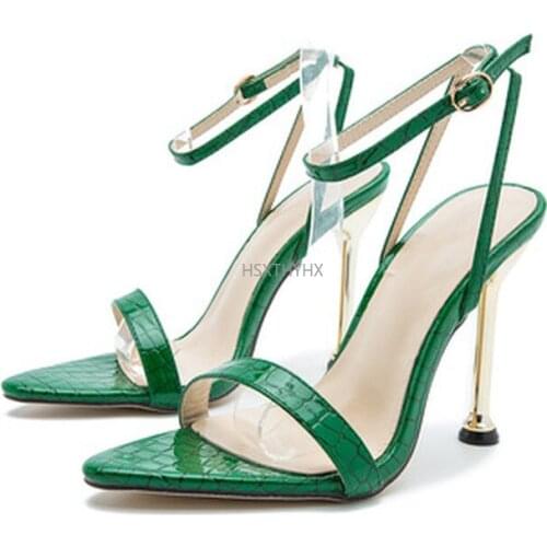2021New Ankle Strap Green Womens High Heels 11CM Sandals Pointed Toe Female Party Shoes Sandalias De Mujer Size35-42