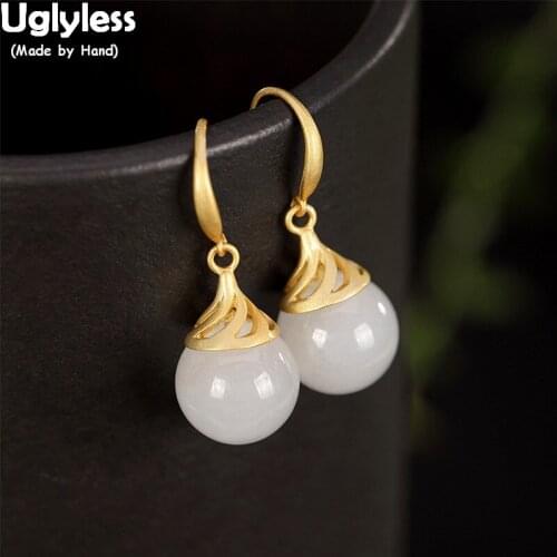 Uglyless Luxury Real Gold Color 925 Sterling Silver Women Statement Party Dress Earrings Nature Jade Ball Drop Earrings Brincos