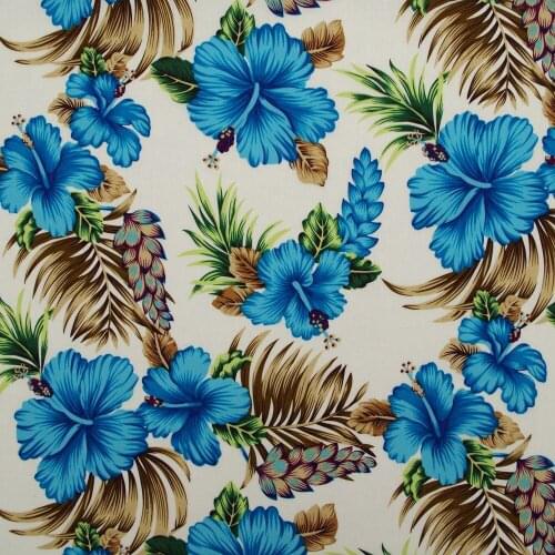 1 Yard Cotton Poplin Fabric for Sewing Patchwork, Dress, Cloth - Blue Flower on Light Yellow Background (width=140cm)