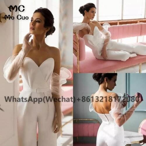 2021 Country Jumpsuit Wedding Dresses with Detachable Sleeves Sweetheart Bridal Gowns Floor Length Elastic Satin Boho vestido de