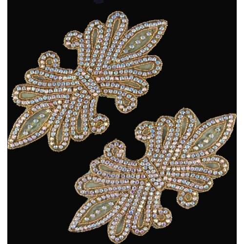 5pcs/lot)Newly Design Handmade Iron On Gold Bows Bridal Beaded Crystal Rhinestone Appliques Patch For Girl Wedding Dress/Shoes