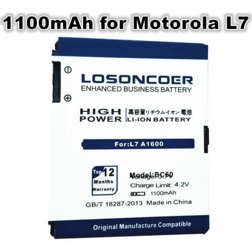 LOSONCOER 1100mAh BC60 Mobile Phone Battery for Motorola L7 A1600 L72 E8 L71 C261 EM30 Battery