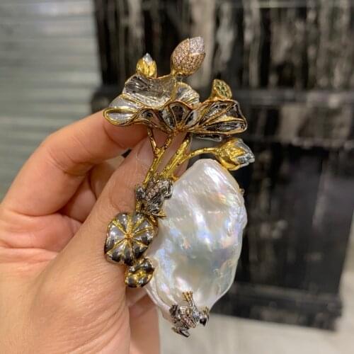 Baroque natural fresh water pearl brooch & pendant double use 925 sterling silver frog and lotus leaf fine jewelry vintage