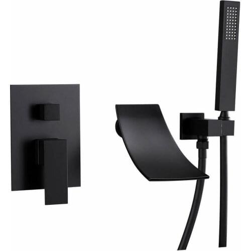 Free ship Modern Waterfall Spout Wall-Mount Tub Filler Faucet& Handshower Set Matte Black