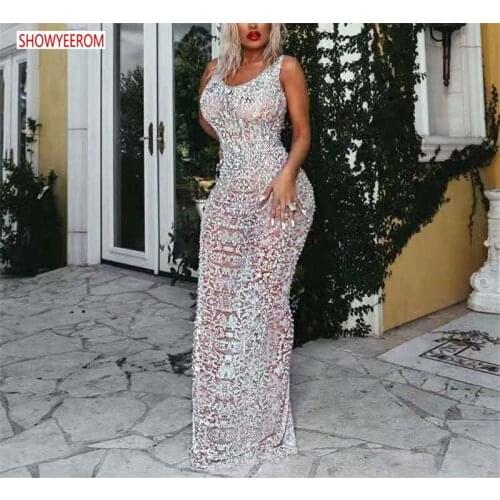 Sparkly Silver Rhinestone Mirror Elastic fabric Long Dress Women Birthday Stage play Celebrate Dress Dancer Party Show Dress