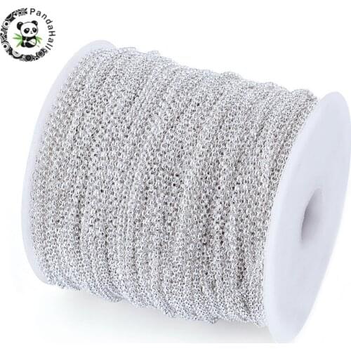 PANDAHALL 100M/roll Iron Rolo Chains For Jewelry Making Unwelded Lead Free Silver Color with Spool about 2*1mm DIY Bracelets
