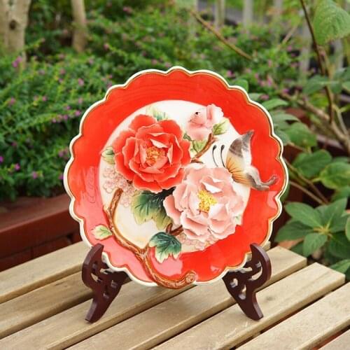 Decorative Plate Chinese Style Ceramic Handicraft Hanging Plate Painted Relief Peony Wall Decoration Plate Desktop Accessories