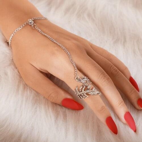 Docona Punk Gold Silver Color Crystal Leaf Rings Bracelet for Women Chains Ring Statement Jewelry Anillos 2700