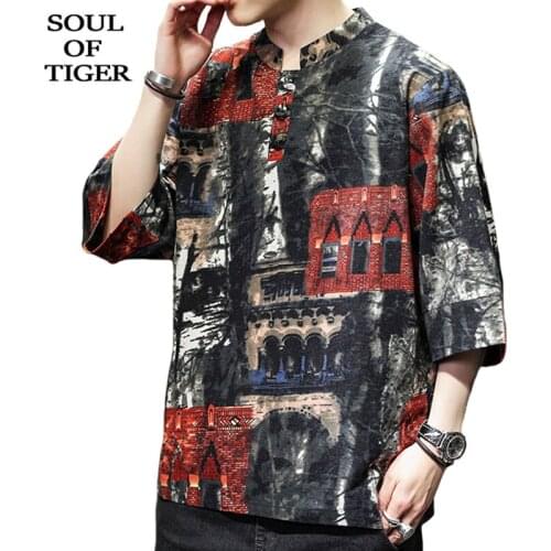 SOUL OF TIGER Chinese Style 2021 Summer Mens Cotton Linen Vintage Tee Shirts Male Short Sleeve Casual T-shirts Men Loose Tops