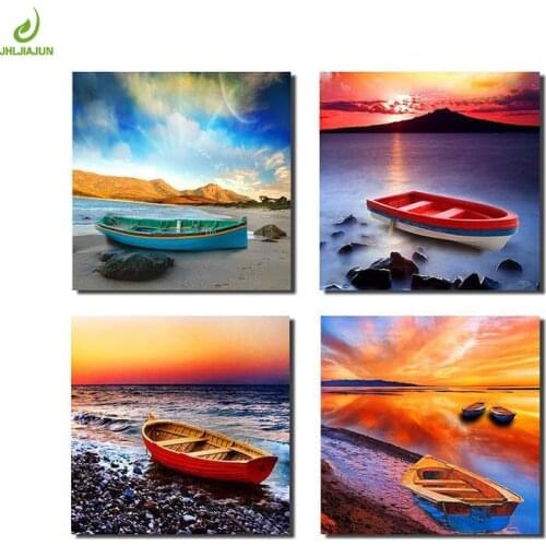 JHLJIAJUN 4 Piece Color Sea Ships Painting Modual Canvas DecorationModular Picture Art Decorative Nordic Bedroom Picture