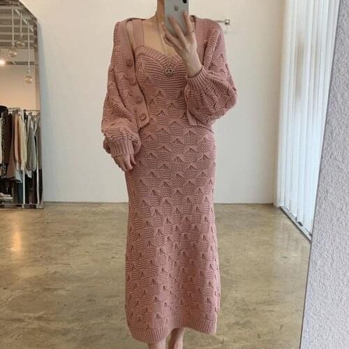 Korean Chic Texture Jacquard Knitted 2 Piece Set Women Single-breasted Lantern Sleeve Short Sweater Coat + Spaghetti Strap Dress