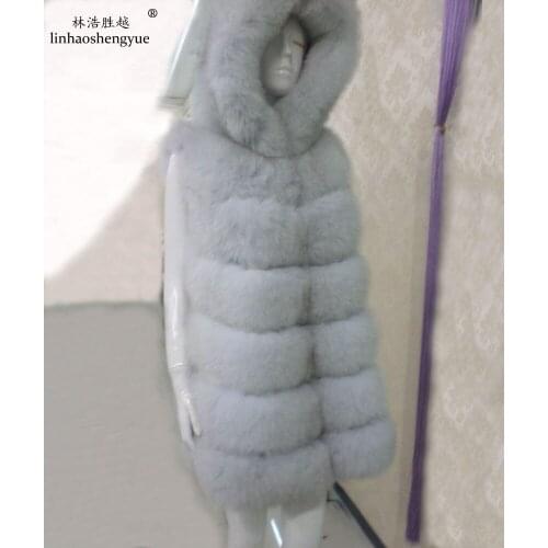Linhaoshengyue Long 70CM Real Fur Fox Vest with Hood Women Fox Fur Hood Vest
