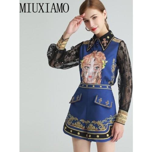 MIUXIMAO 2021 Spring Summer Long Sleeve Lace Beauty Printed Stylish Shirt Pants Dark Blue Suit Women Two Peice Set