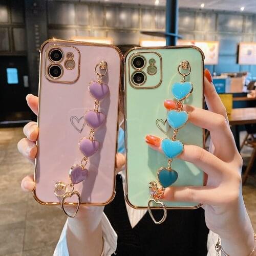 Fashion Love Heart Plating Bracelet Phone Case iPhone 11 Pro 12 Mini X Xs Max iPhoneXr 7 8 Plus SE 6D Camera Protect Soft Cover