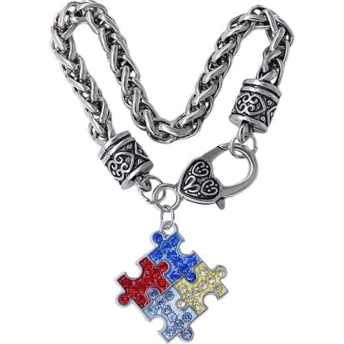 Fashion colorful rhinestone inlay square autism puzzle jigsaw metal pendant bracelet FIT for best autistic jewelry bangle