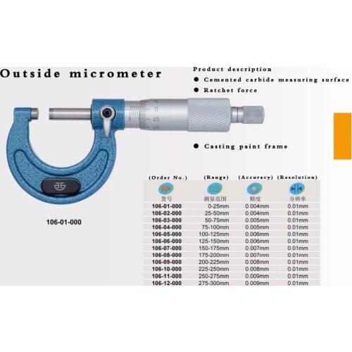 Outside micrometer Casting paint frame 0-25mm 25-50mm 50-75mm 0.01mm good quality 106-01-000
