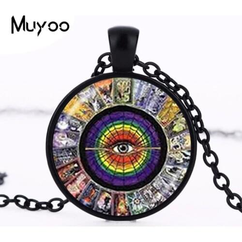Tarot Card Pendant Necklace Zodiac Jewelry Eye Round Statement Chain Necklace Glass Cabochon Magician ,Empress,Lovers Photo HZ1