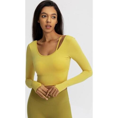 Long Sleeve Yoga Shirts Built In Bra Women Slim Workout Sport T Shirt Solid Gym Fitness Crop Top with Thumb Holes