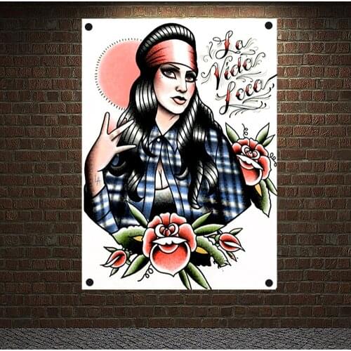 LA VIDA LOCA Tattoo Banners Vintage Canvas Painting Wall Art Print Posters Home Decor Mural Hanging Flags 4 Gromments in Corners