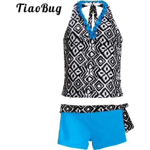 TiaoBug Kids Teens Two-piece Geometric Pattern Halter Swimsuit Girls Two-piece Tankini Swimwear Bathing Suit Beach Bikini Set