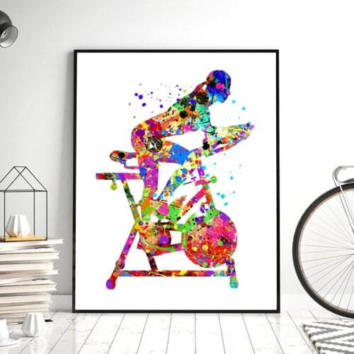Workout Bike Print Bike Woman Exercise Watercolor Abstract Painting Bicycle Stationary Canvas Poster Home Gym Wall Art Decor