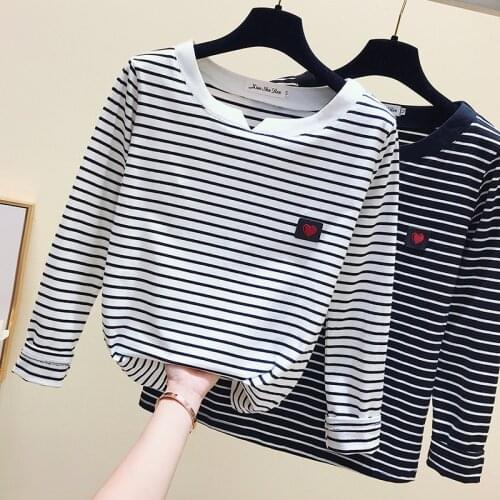 2020 Women Striped T Shirts Long Sleeve 95% Cotton Tops Casual Women Autumn T Shirts Tops Women TopsPull Femme