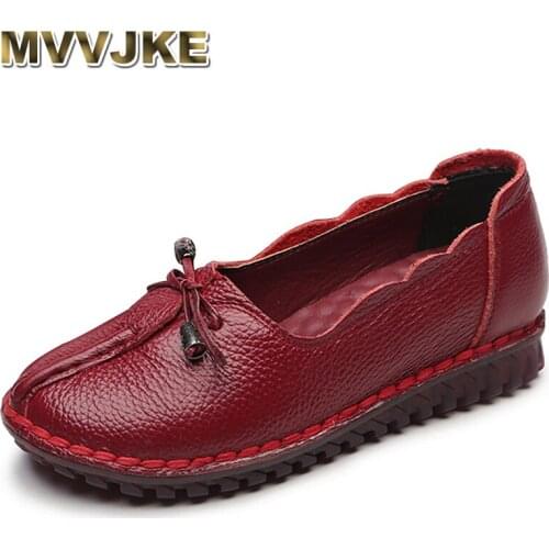 MVVJKE 2018 Summer Genuine Leather Mother Shoes New Fashion Solid Ladies Round Toe Comforable Loafers Casual Women Shoes E101