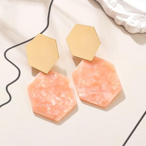 2021 New Korean Trendy Geometric Earrings For Women Hexagon Slabs Statement Dazzling Pink Color Fashion Female Party Jewelry