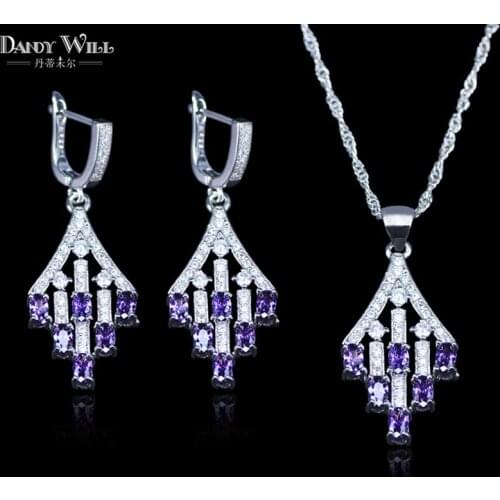 Women Beautiful Necklace Set Lover Gift Square Shape Crystal Silver Color Pendant Drop Earrings Jewelry Sets