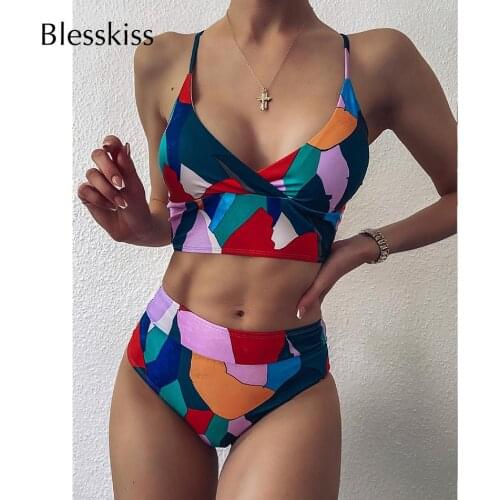 BLESSKISS 5XL 4XL Plus Size Swimwear Bikini Women 2021 Print Halter High Waist Swimsuit Push Up Female Big Bathing Suit Swim 3XL