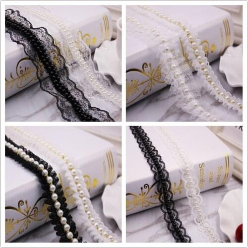10Yards Pleated Pearl Lace Ruffle Beaded Ribbon Wedding Underwear Curtain Lace Fabric Baby Clothes Bow Headdress Accessories