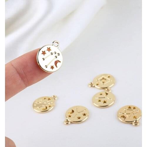 10 Gold Zodiac 12 Constellation Charm Disc Coin Pendant Necklace Making Supply Sign Symbol Round Coin Charm Astrology 14*17mm