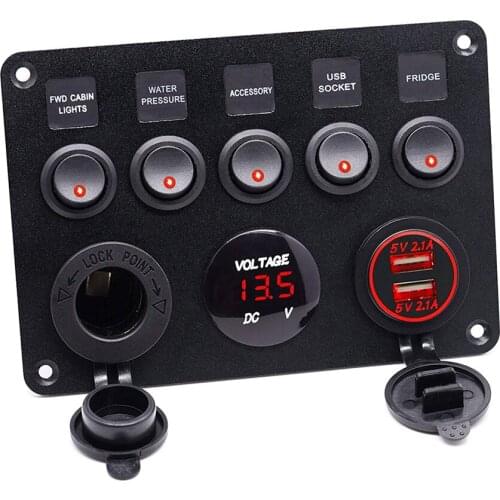 5 Gang Boat Switch Panel 12-24V Power Outlet Voltmeter Dual USB Charger for Car Boat Marine RV Rocker Panel Switches