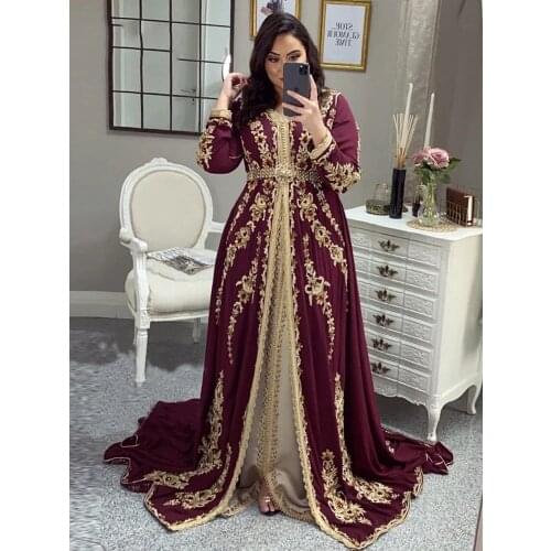 Burgundy Moroccan Kaftan Caftan Muslim Evening Dresses A-line Long Sleeves Appliques Dubai Arabic Turkey Abaya Islamic Gown