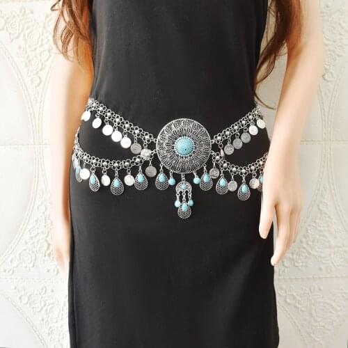 Vintage Silver Color Metal Bikini Belly Waist Chains for Women Lady Blue Stone Flower Coin Tassel Dance Dress Belt Body Chain