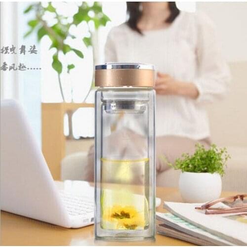 1PC 300ml Double layer glass clear heat-resistant bottle with leakproof straight filter glass water bottle KD 1462