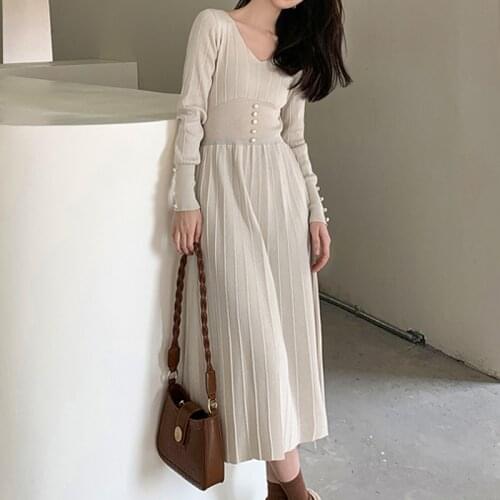 BGTEEVER Elegant V-neck Ladies Sweater Midi Vestidos Full Sleeve Button Slim Waist Female Knitted A-line Dress Autumn Vestidos
