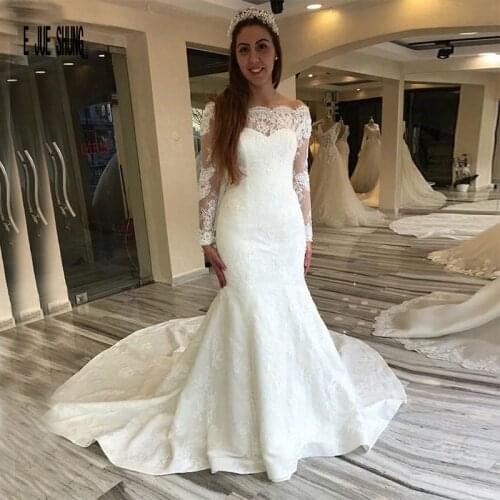 E JUE SHUNG Hot Lace Mermaid Wedding Dresses Lace Up Back Boat Neck Sheer Long Sleeves Vestido De Noiva Bridal Dress